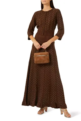 Chocolate Brown button-up knit cardigan with skirt sparkle detailing - Size Small