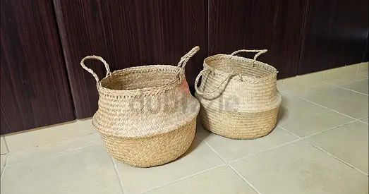 Pair of woven storage baskets with handles