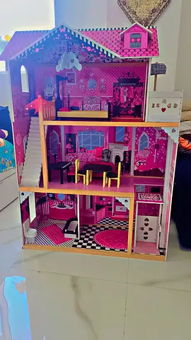 Wooden 3-Storey Dollhouse with Furniture - Pink