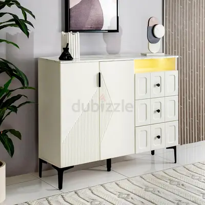 Modern cream sideboard cabinet with storage drawers and marble top