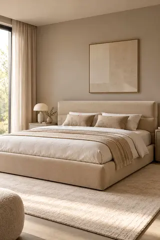Elegant Beige Upholstered Bed – Modern Comfort & Timeless Style