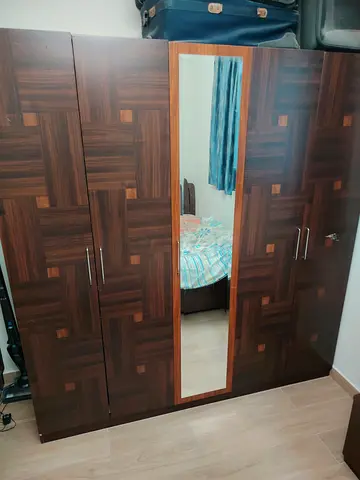 Dark Wood 5-Door Wardrobe with Mirror - Good Condition