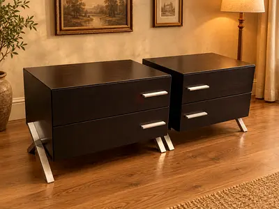 Pair of Modern Dark Wood Nightstands with Metal Legs