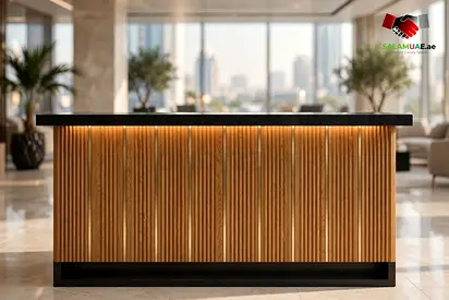 Axelia Fluted Oak Reception Counter, Reception Desk – Maison
