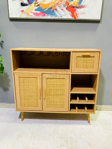 Wooden Sideboard Cabinet with Rattan Doors and Wine Rack
