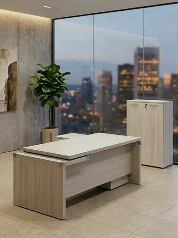 Used Modern Executive Office Desk with Storage Cabinet - Light Wood
