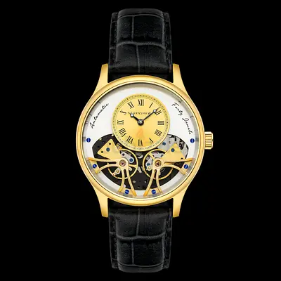 Thomas Earnshaw Original Goldtone Mechanical Skeleton Men's Watch with Black Leather Strap