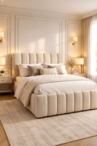 Upholstered king bed with padded headboard and footboard - beige