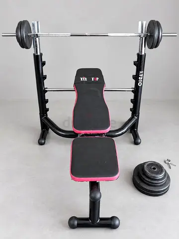 Adjustable Weight Bench with Barbell and Plates - Good Condition