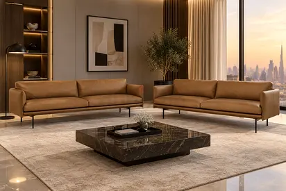 MUUTO Danish Modern Tan Leather 3-Seater Outline Sofas Set (2 Pieces) - Excellent Condition