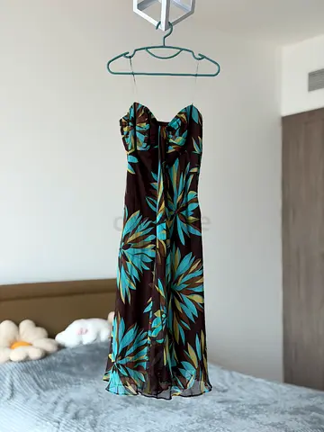 Thin straps Floral Midi Dress in Brown and Teal, Size M, silk