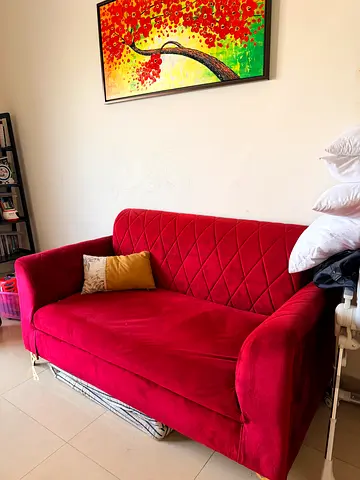 Red velvet L-shaped chaise sofa (good condition)