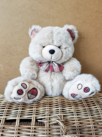 Soft beige teddy bear with plaid bow - flawless condition