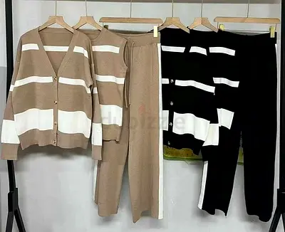 Three-piece knit cardigan and pants set — striped casual lounge wear ( free sizes best fit S/M/L)