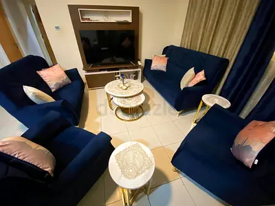 Navy Blue Velvet 3+2+1+1 Sofa Set  with table gold - Good Condition