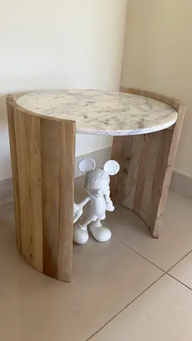 Round Marble-Top Side Table with Light Wood Base
