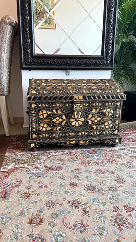 Ornate Moroccan Hardwood Inlaid Camel Bone Berber Hard Wood Trunk