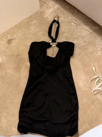 Black halter neck evening dress with chain detail - size xs