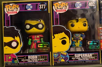 AED 100 each. Funko Pop! DC Heroes Robin #377 & Superman #402 - Exclusive Set (2 pcs)