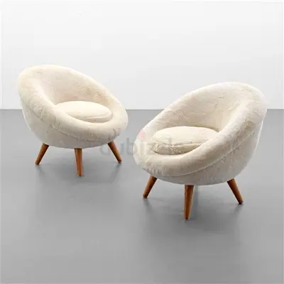 Pair of Mid-Century Modern Curved Bouclé Accent Chairs - Cream