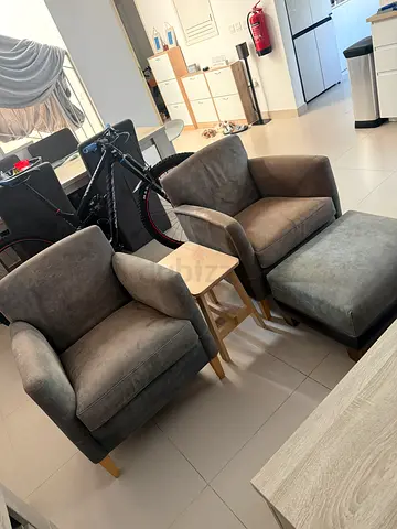 Pair of Grey Fabric Armchairs with Ottoman