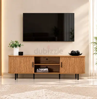 Wooden TV Console Cabinet with Slatted Doors - Midcentury Style