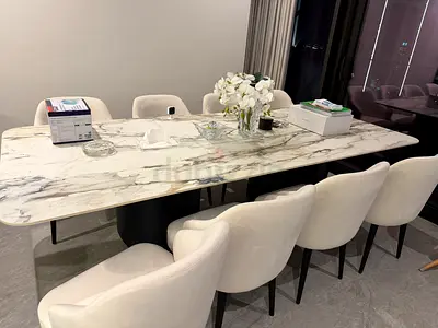 Marble-effect 8-seater Dining Table with Upholstered Chairs
