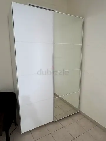 White Sliding Door Wardrobe with Mirror — Excellent Condition
