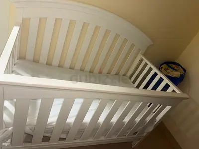 White wooden baby crib , stroller , Car Seat and Food Baby Chair