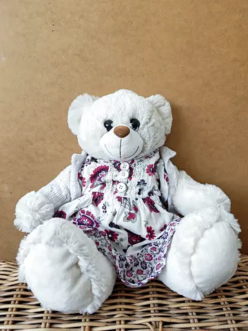 White Plush Teddy Bear in Floral Dress - Soft Stuffed Animal