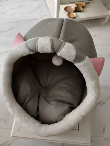 Cozy grey cat cave bed with soft cushion and ears - gently used