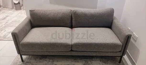 Modern Grey Designer-Style 2-Seater Sofa - Black Metal Frame