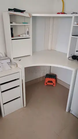 White corner study desk with shelving and drawers