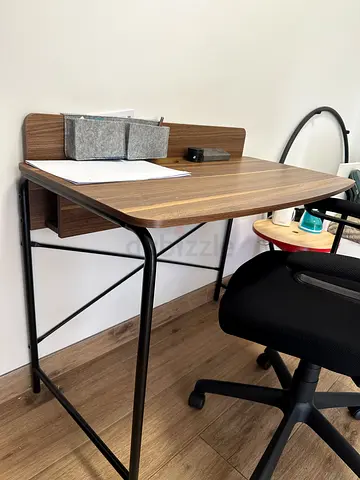 Compact wooden study desk with metal frame + chair - good condition
