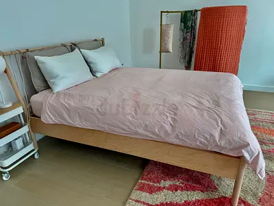IKEA Malm-style wooden double bed frame with slatted base - light wood