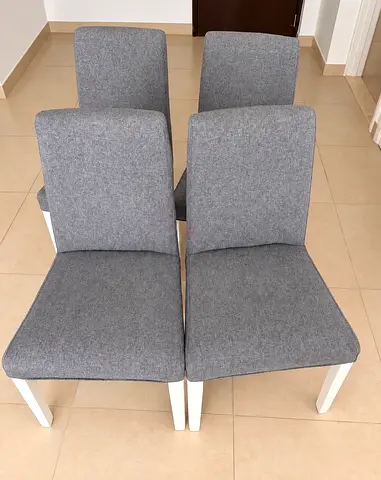 Set of 4 IKEA BERGMUND Dining Chairs – Grey Fabric & White Legs