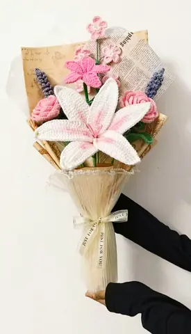 Handmade Crochet Flower Bouquet - Pink & White Decorative Arrangement