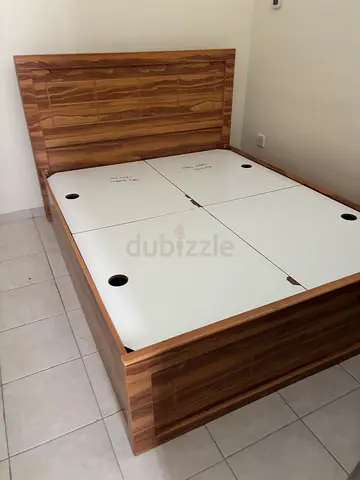 Wooden double bed frame with headboard - walnut finish with free mattress.