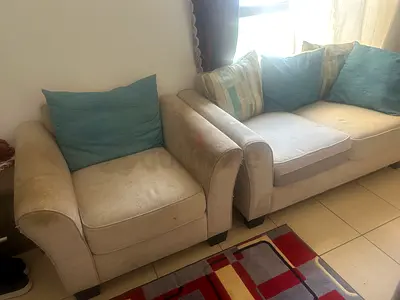 Beige fabric 3-seater sofa and matching armchair - good condition
