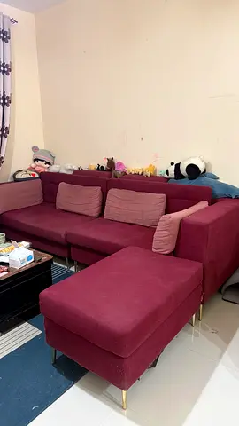 Used Maroon L-shaped Sofa with Ottoman — Good Condition