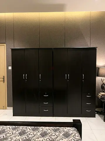Dark Wood 3-Door Wardrobe with Drawers — Good Condition