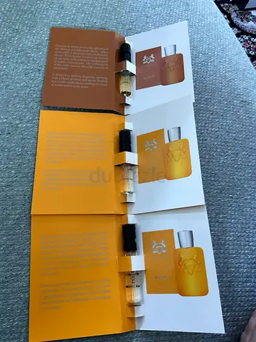 Set of 3 perfume fragrance sample vials in promotional cards