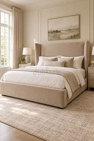 Comfortable Upholstered Bed – Thick Cushioned Headboard – Soft Beige Fabric