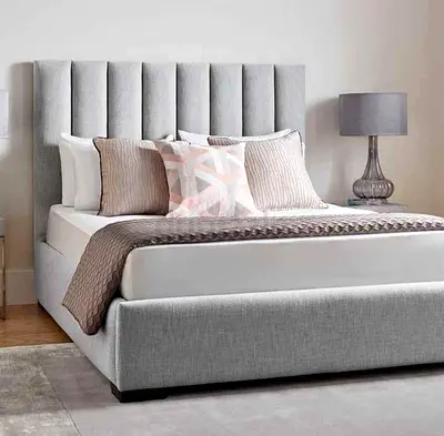 Queen upholstered bed frame with tall channel-tufted headboard - light grey