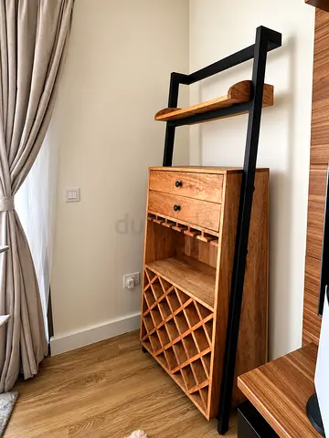 Wood and Black Metal Freestanding Wine Rack ( Bar) with Storage Drawers