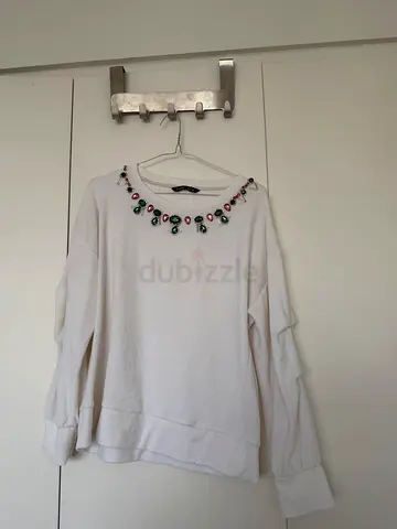 Sweater, White embellished crew-neck, size 10 good for winter