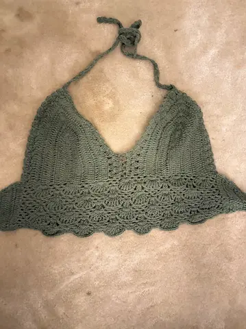 Handmade Crochet Olive Green Halter Crop Top - Size Approx S/M