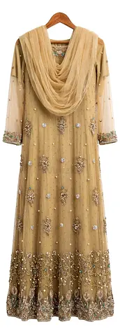 Embroidered Gold/Beige Anarkali Dress with Dupatta - Size Approx Medium