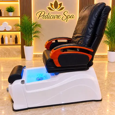 Pedicure Spa Chair with Foot Bath — Black Leather, Wooden Armrests
