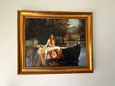 Framed Oil Painting of Woman in Boat with Ornate Gold Frame